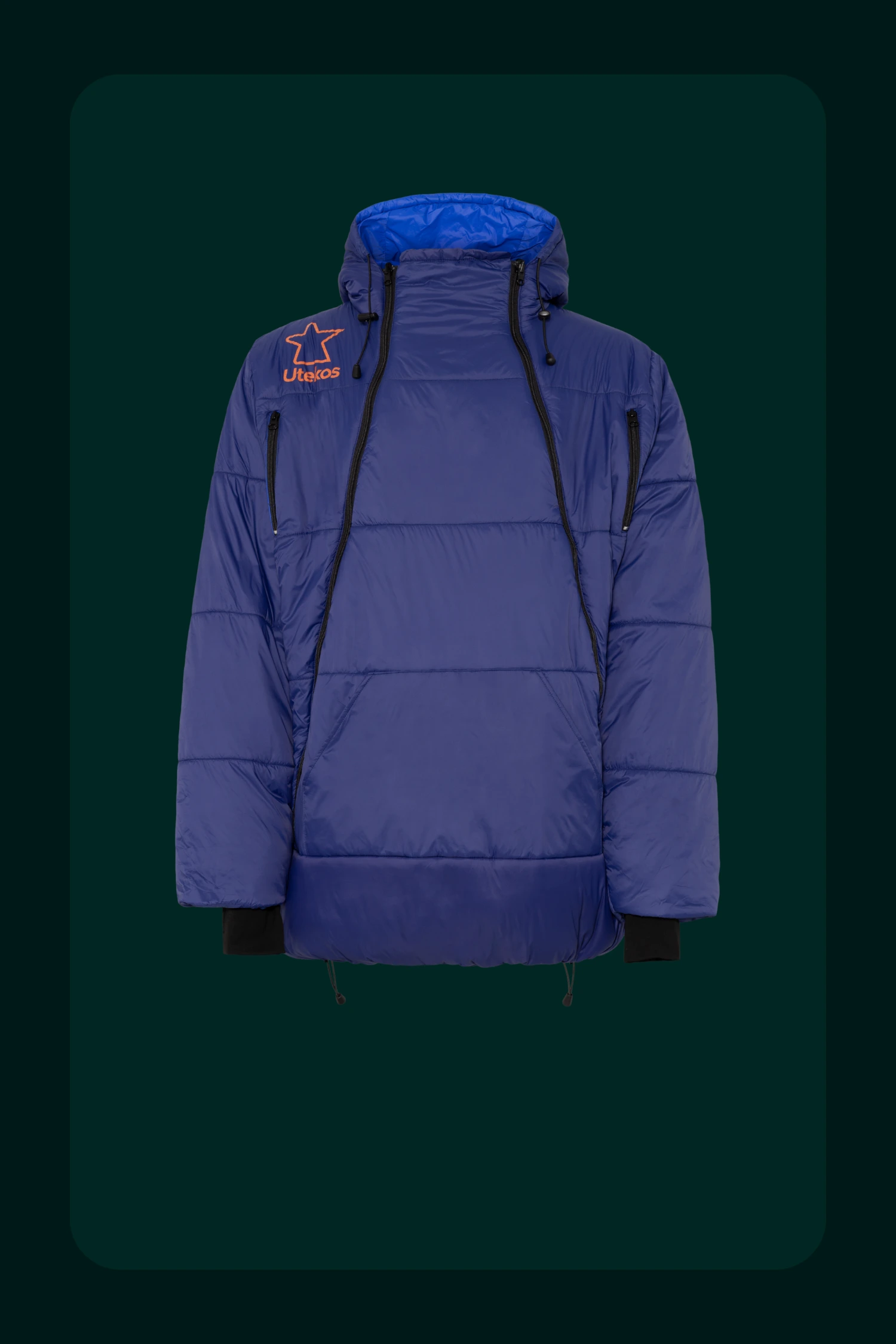 Fjellblå Utekos Mikrofiber i parkaslengde forfra.