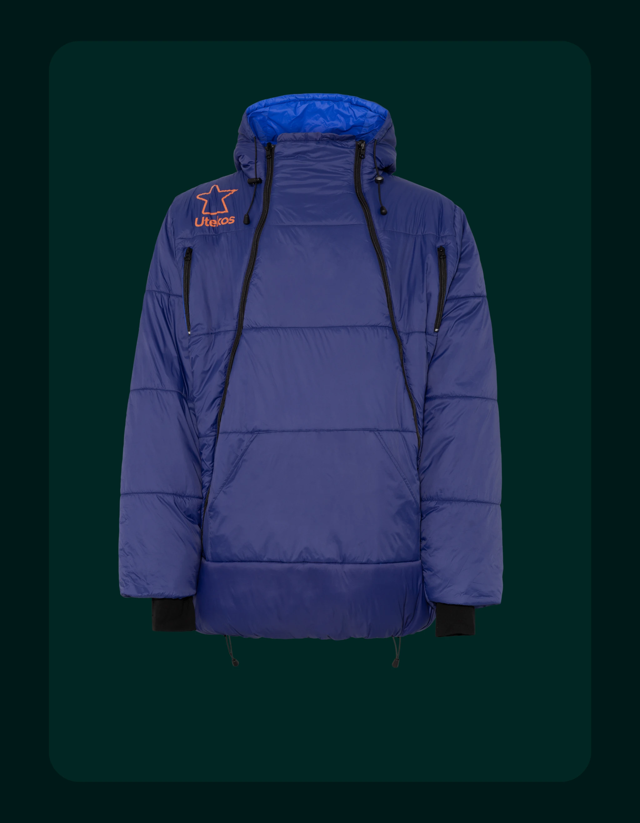 Fjellblå Utekos Mikrofiber i parkaslengde forfra.