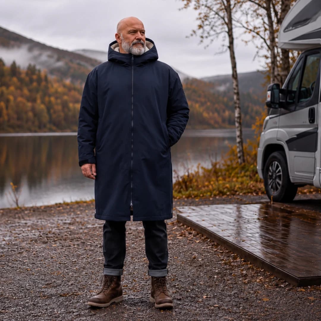 Mann i Comfyrobe™ ved innsjø og bobil
