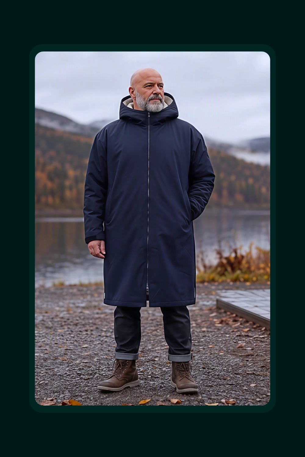 Mann i marineblå Comfyrobe ved vannkanten.