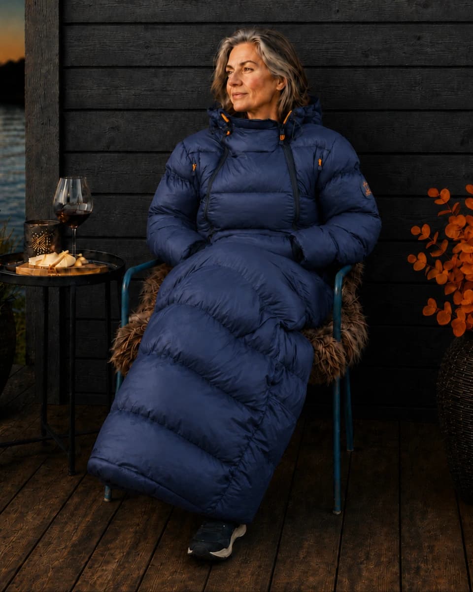 Kvinne i mørkeblå Utekos TechDown™ sitter ute ved vannet i kjølig kveldsluft.