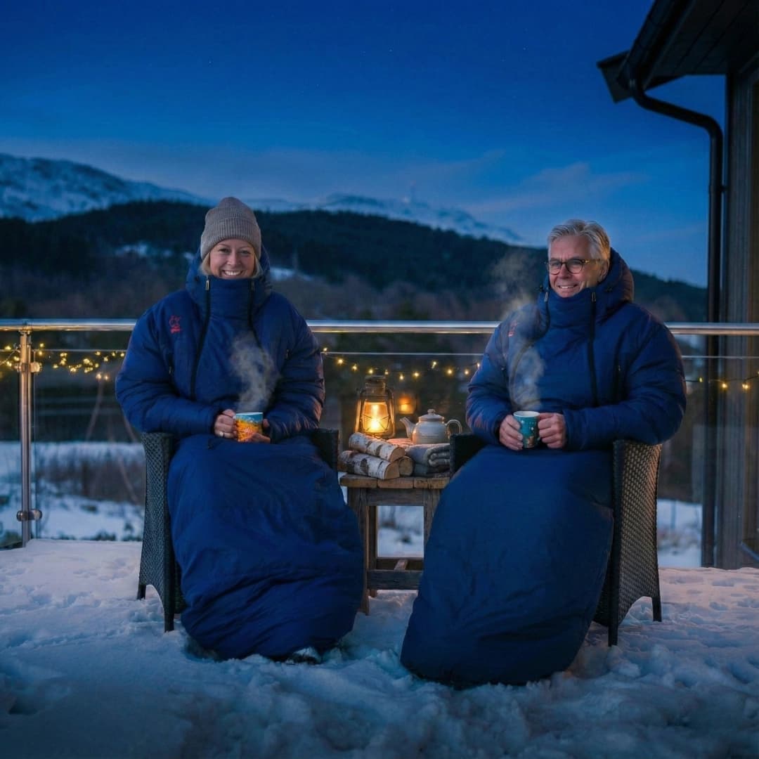 To personer i Utekos-plagg nyter utsikten fra en fjelltopp.
