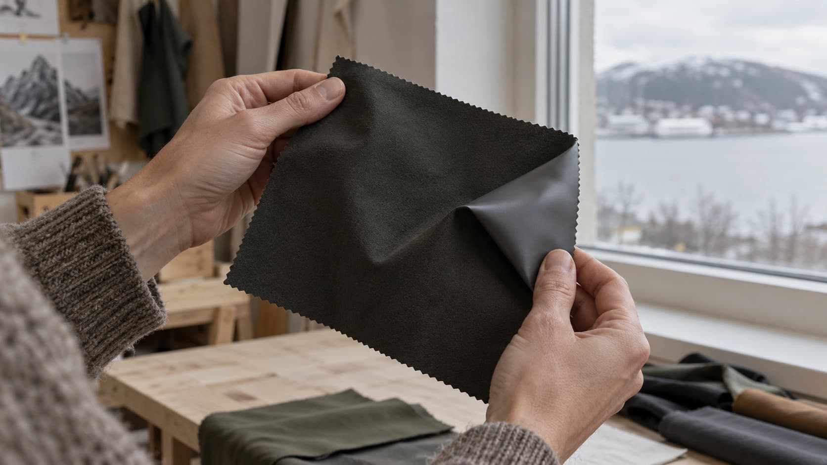 Hender som holder et snitt av ytterstoffet for å vise kontrasten mellom den matte utsiden og det jevne PU-belegget på baksiden i et nordisk arbeidsrom.