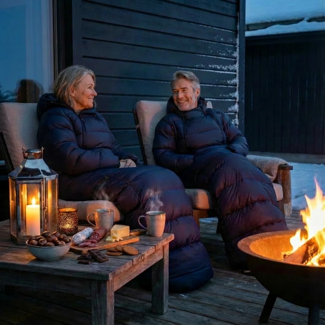 Et par iført Utekos Tech-plagg på terrassen i høstlige omgivelser.