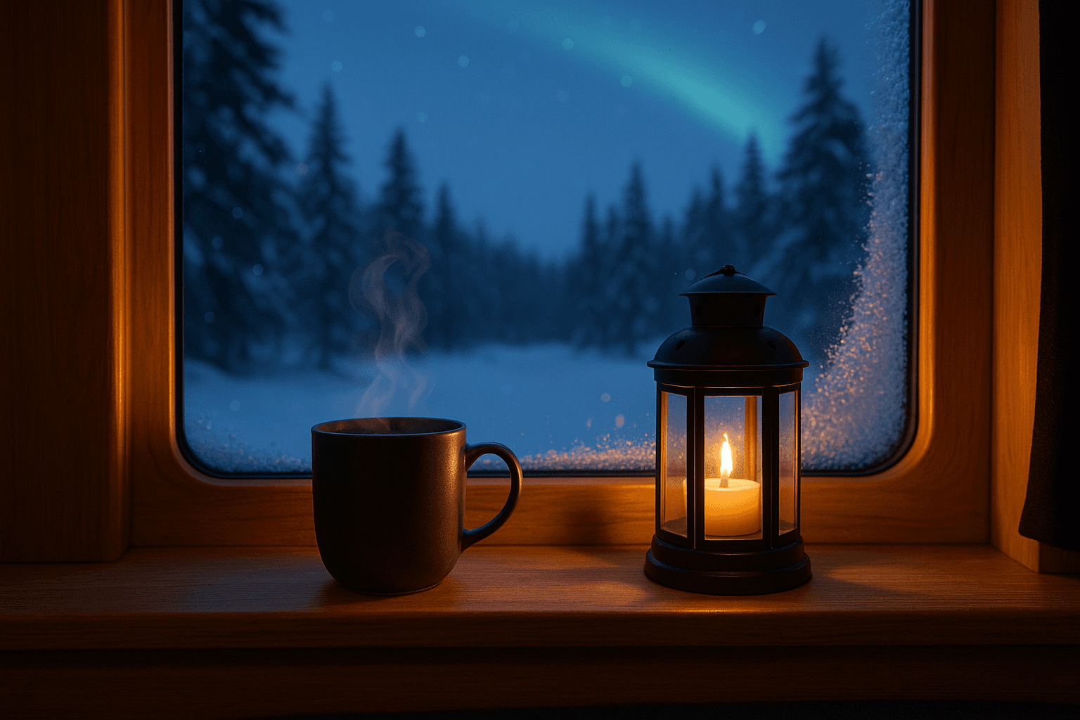 Utsikt fra innsiden av en varm bobil, med en dampende kaffekopp i vinduskarmen og et snødekt landskap utenfor.