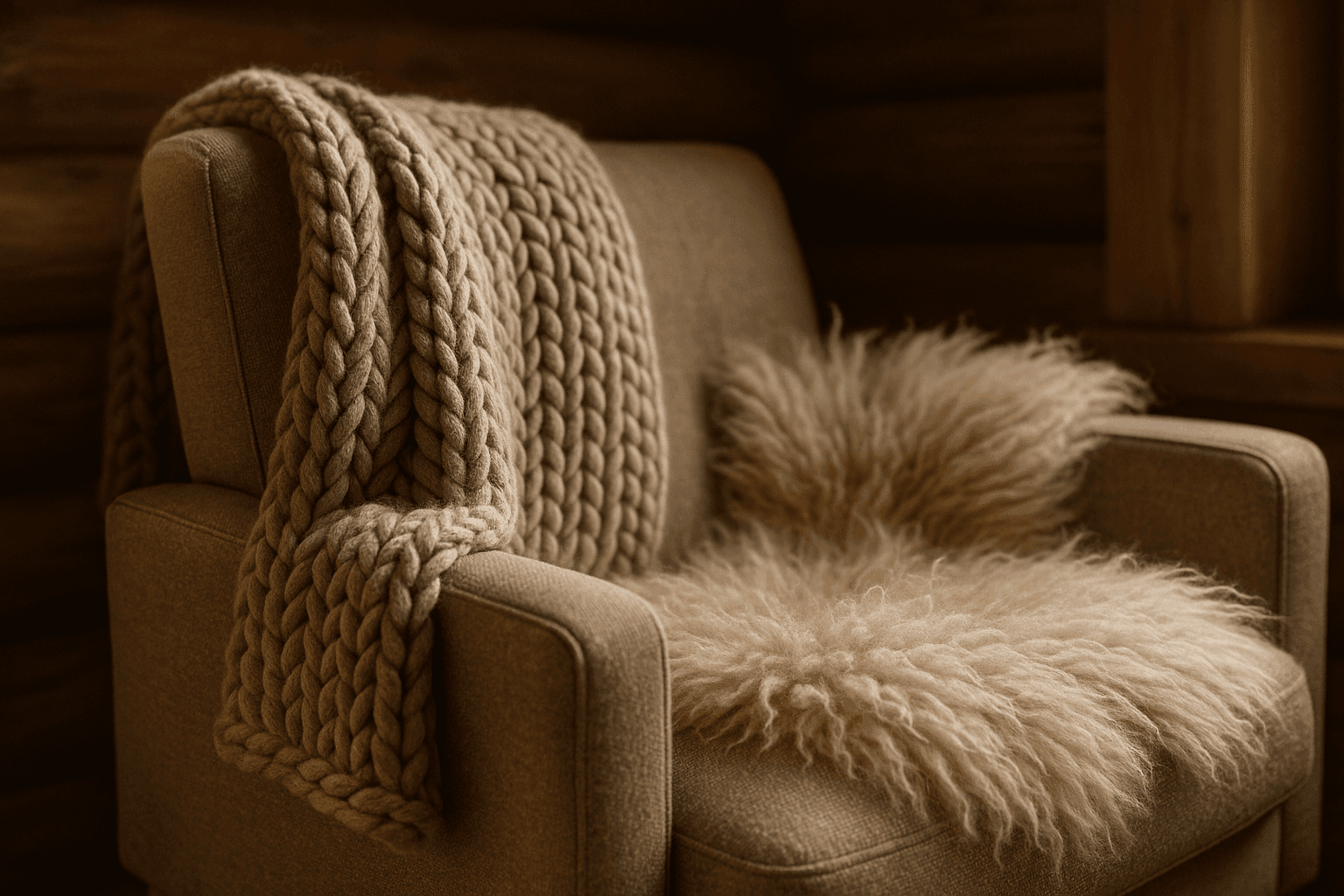 Detaljbilde av et mykt ullpledd og et saueskinn som ligger i en sofa.
