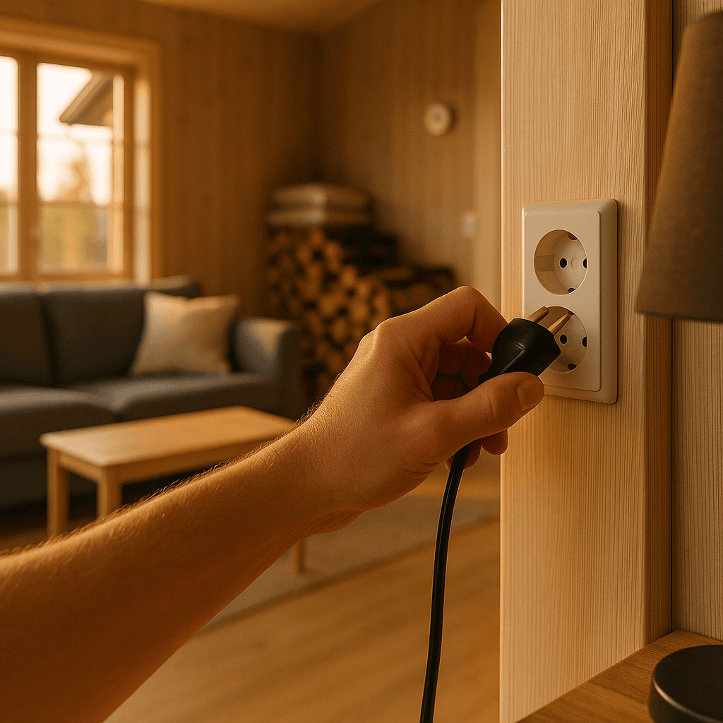 En hånd som drar ut stikkontakten til en lampe i en koselig hyttestue.