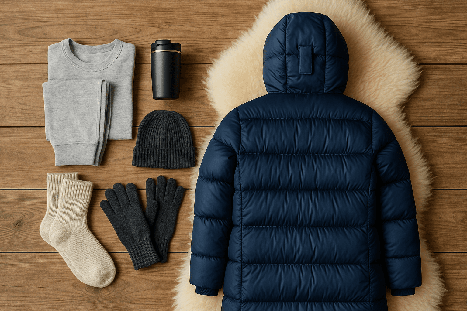 En estetisk 'flat lay' av komfort-utstyr for vintercamping, med en Utekos, ulltøy og tøfler.