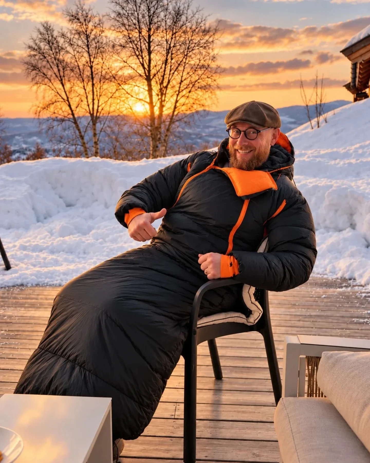 Mann i et svart Utekos-plagg med oransje detaljer på en snødekt terrasse i solnedgangen