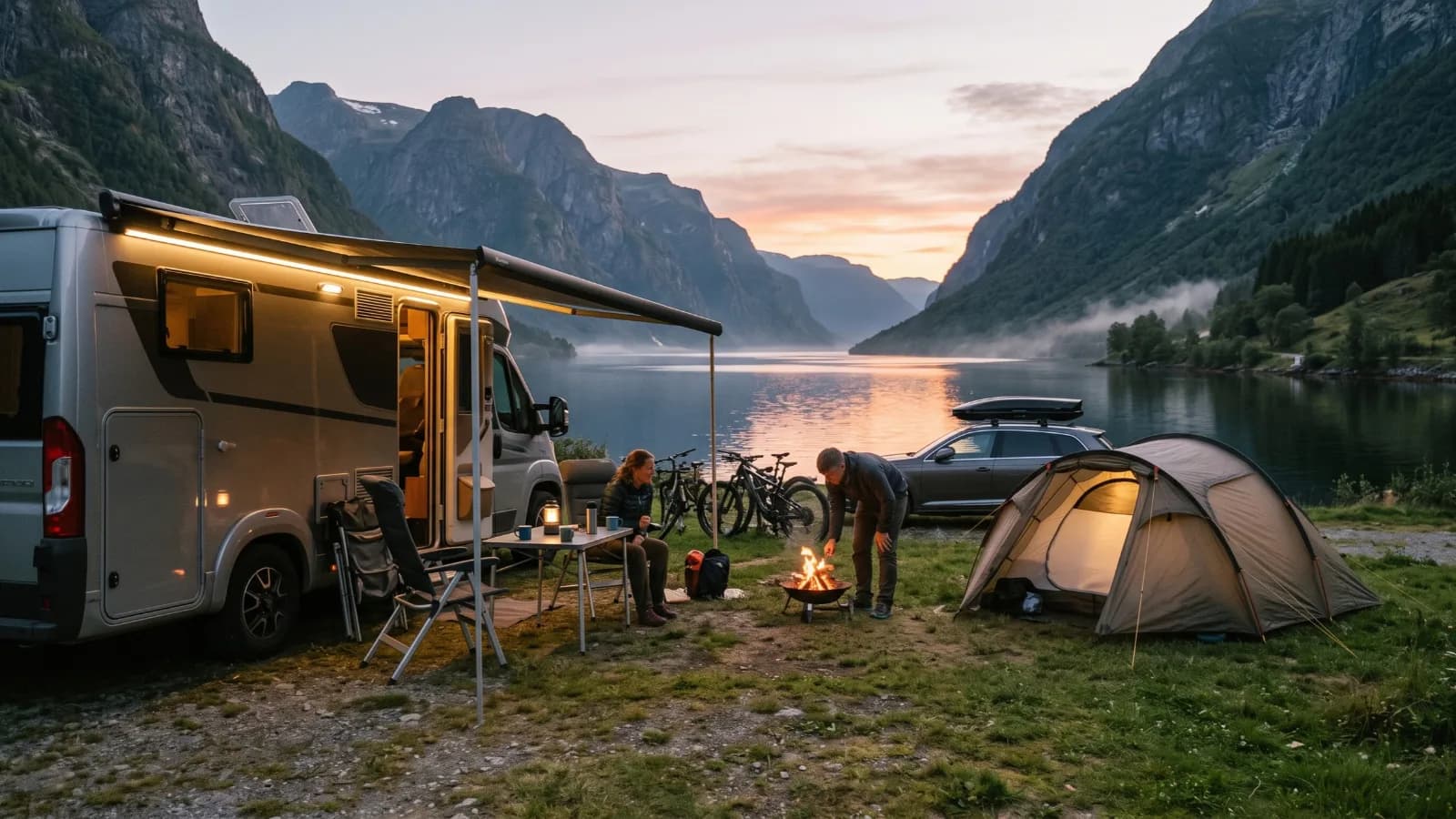 Camping ved fjorden med bobil, bål og en rolig kveld ute