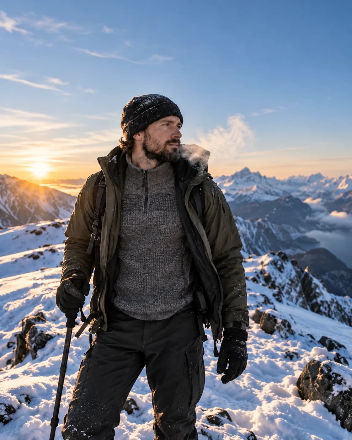 En person står på en snødekket fjellrygg en kald vintermorgen med åpen vinterjakke, slik at det varme ullundertøyet (innerlaget) er synlig. Det er frost i luften og lav sol over snølandskapet.