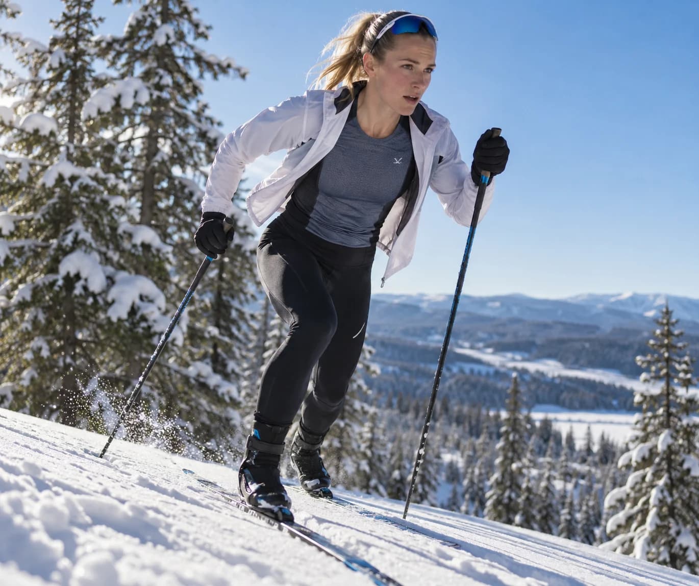 En langrennsutøver i full aktivitet på vei opp en snødekket bakke i en vinterskog. Vedkommende har på seg en tynn, teknisk overdel (syntetisk innerlag) under en åpen vindjakke for å transportere bort svette.
