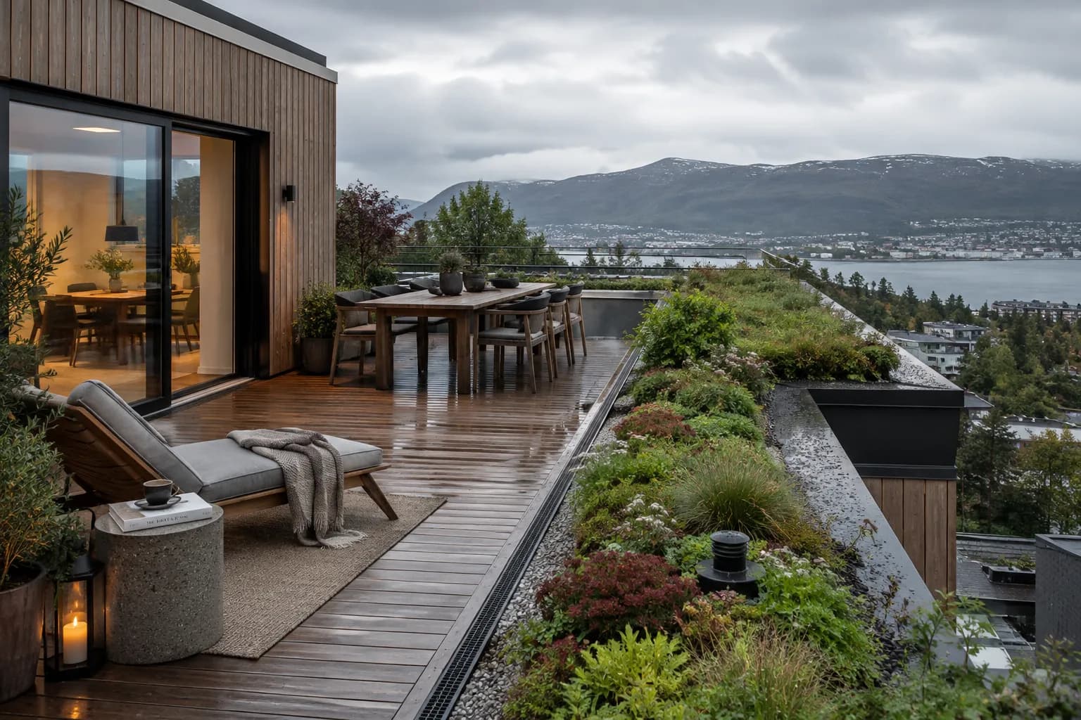 Detaljbilde av overvannsdrenering og fuktsikring langs et terrassegulv i tre på et beplantet grønt tak.