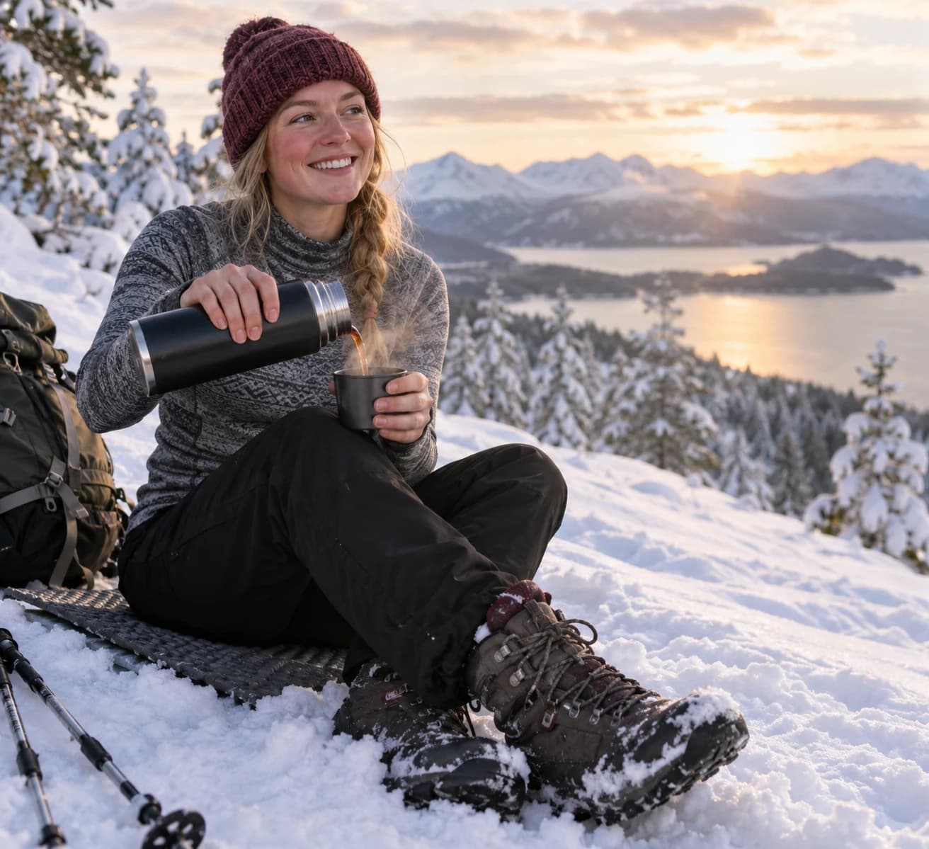 En turgåer tar en pause i et snødekket vinterlandskap, sittende på et sitteunderlag. Personen har på seg en tykk, mørk genser i merinoull (innerlag), og smiler mens de holder en rykende kopp med varm drikke.