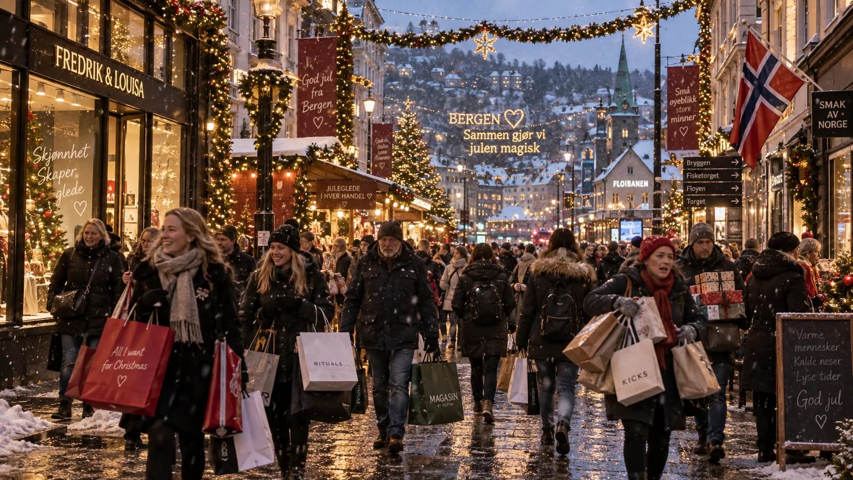 Travle nordmenn på julehandel i en snødekt handlegate, som illustrerer det enorme økonomiske omfanget og stresset rundt kjøp av julegaver.