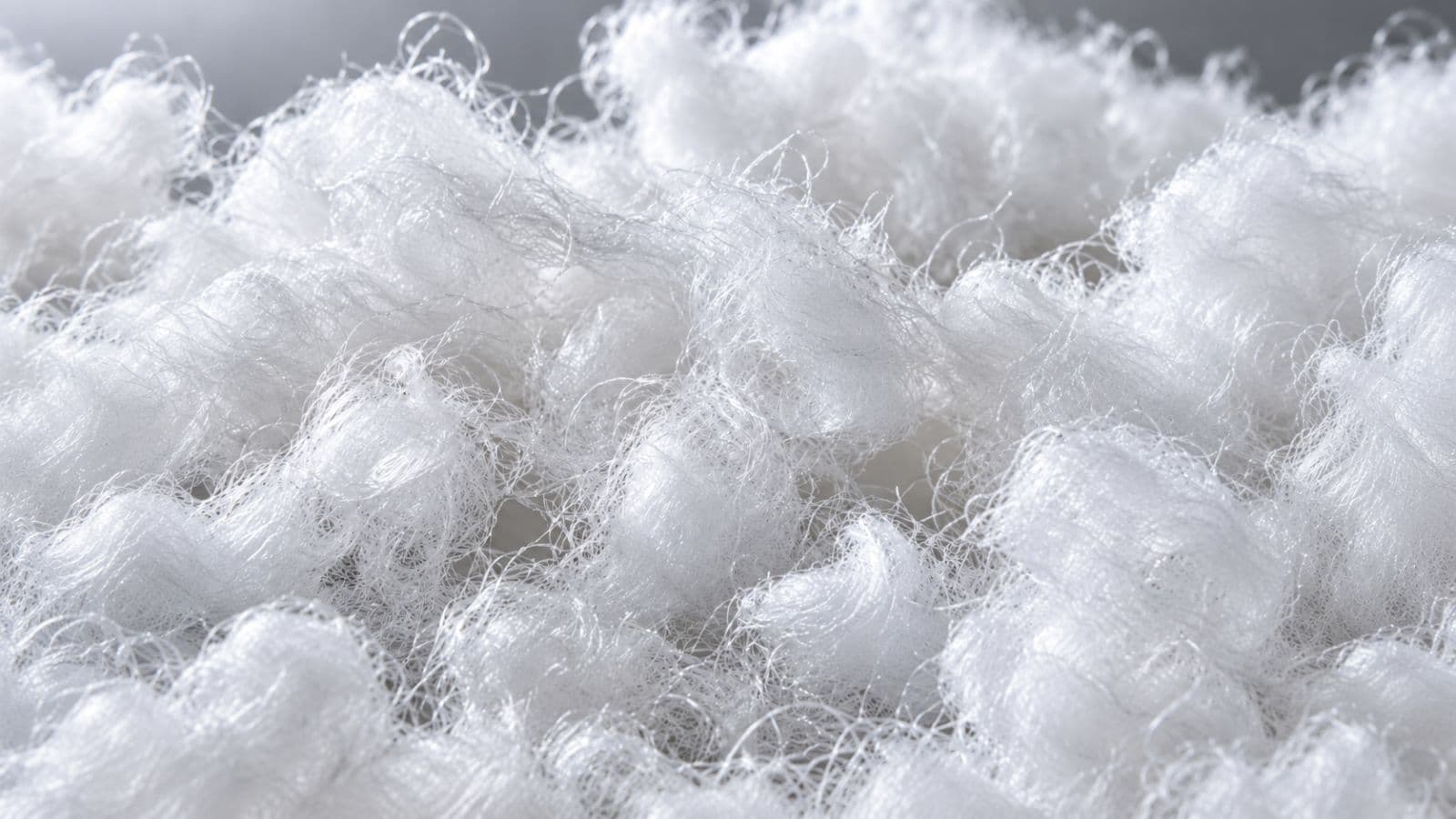 Nærbilde av løse, syntetiske CloudWeave-fibre som utvider seg for å skape isolerende luftlommer