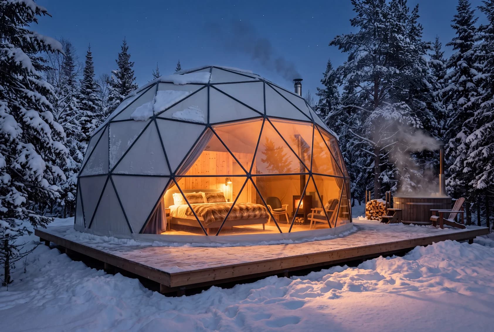 Moderne geodesisk glamping-dome med panoramavindu, luksuriøs innredning og utendørs badestamp omringet av snødekt skog om kvelden
