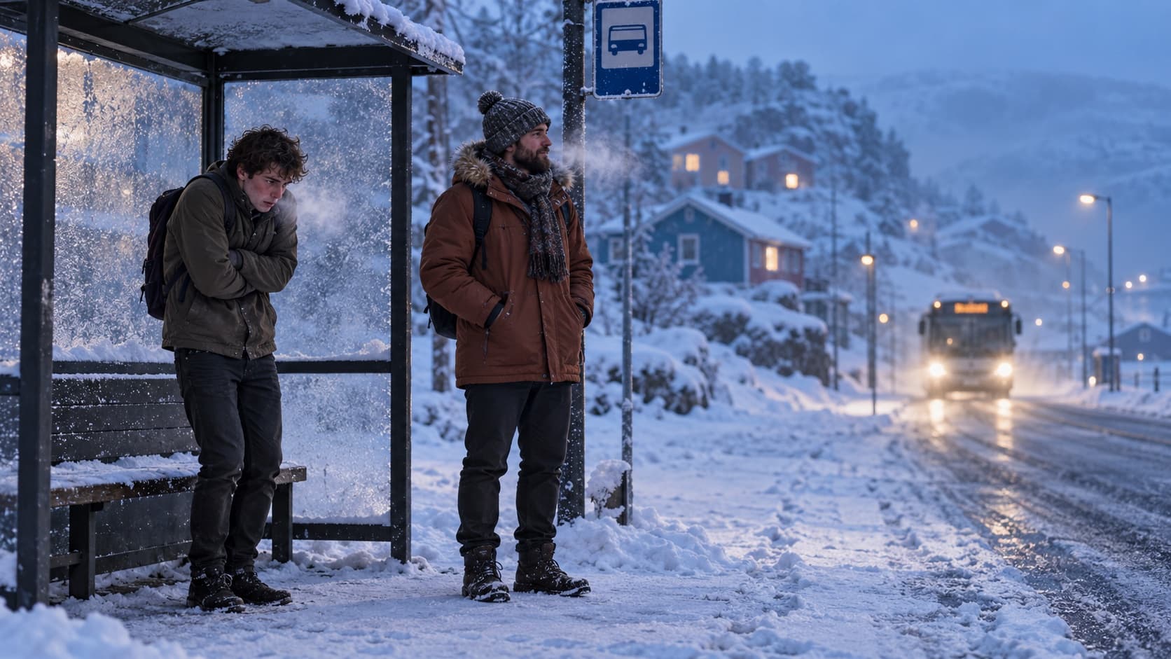 To personer venter ved et snødekt busstopp en kald vinterdag