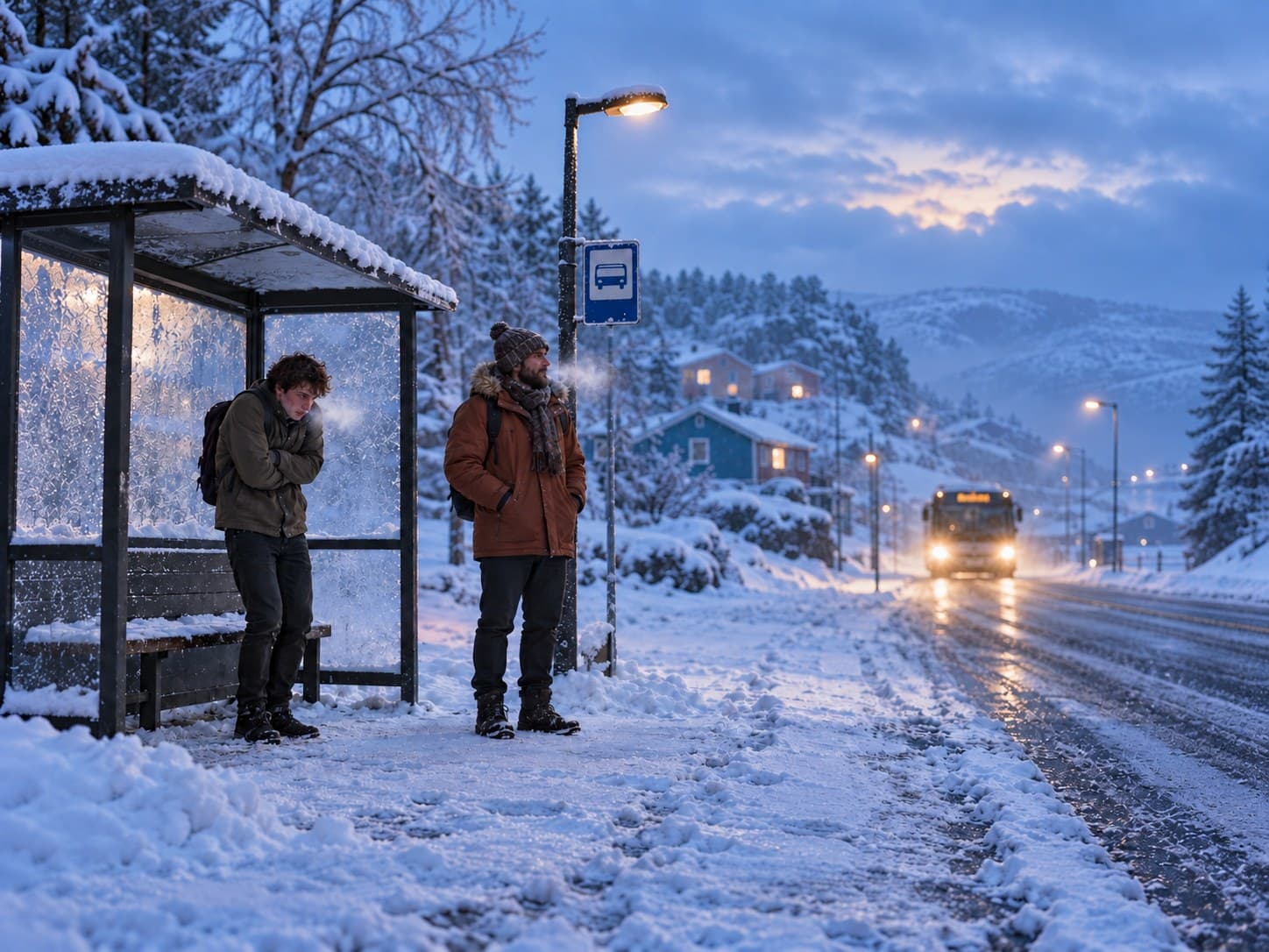 Nærbilde av de to på bussholdeplassen – den ene hutrer med hendene under armene, den andre står rolig mens bussen kommer.