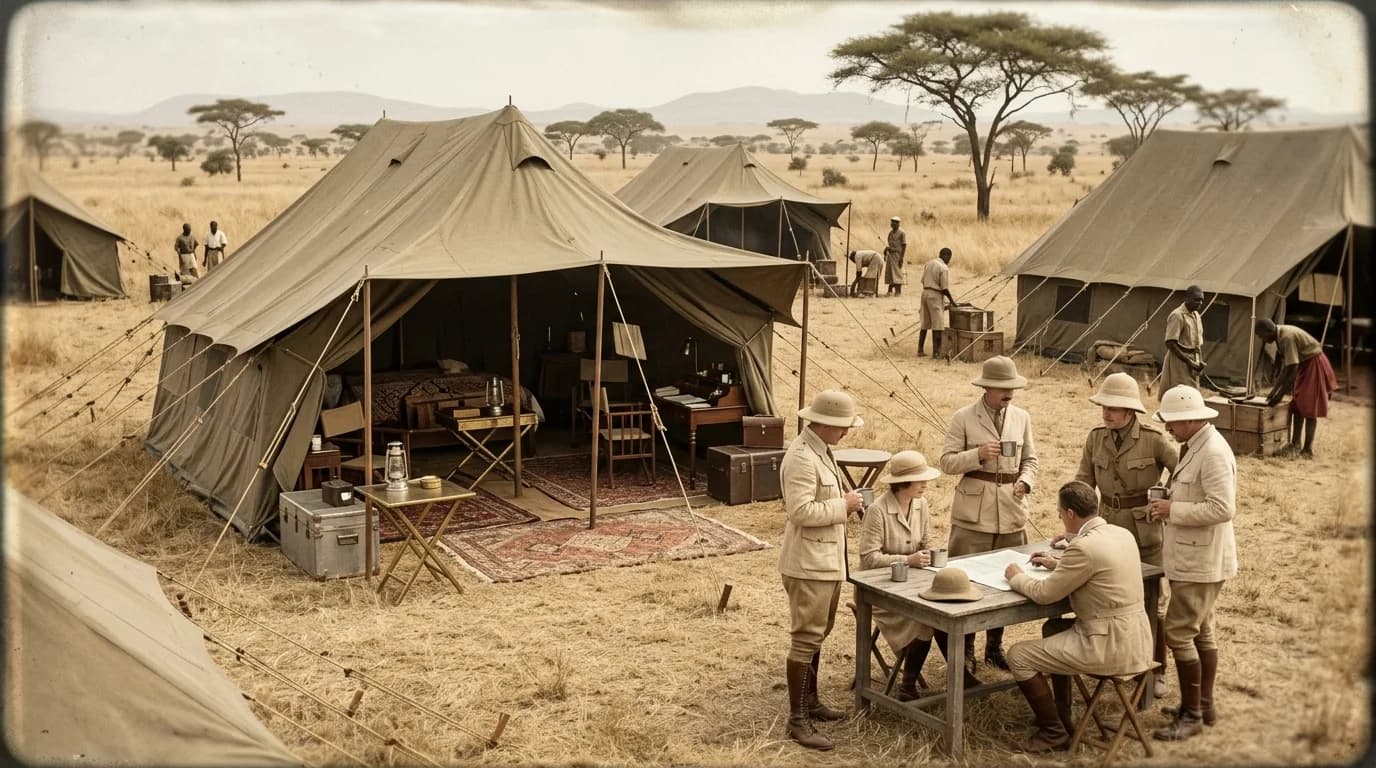 Historisk luksussafari fra tidlig 1900-tall med store lerretstelt, persiske tepper og britiske ekspedisjonsmøbler i afrikansk landskap