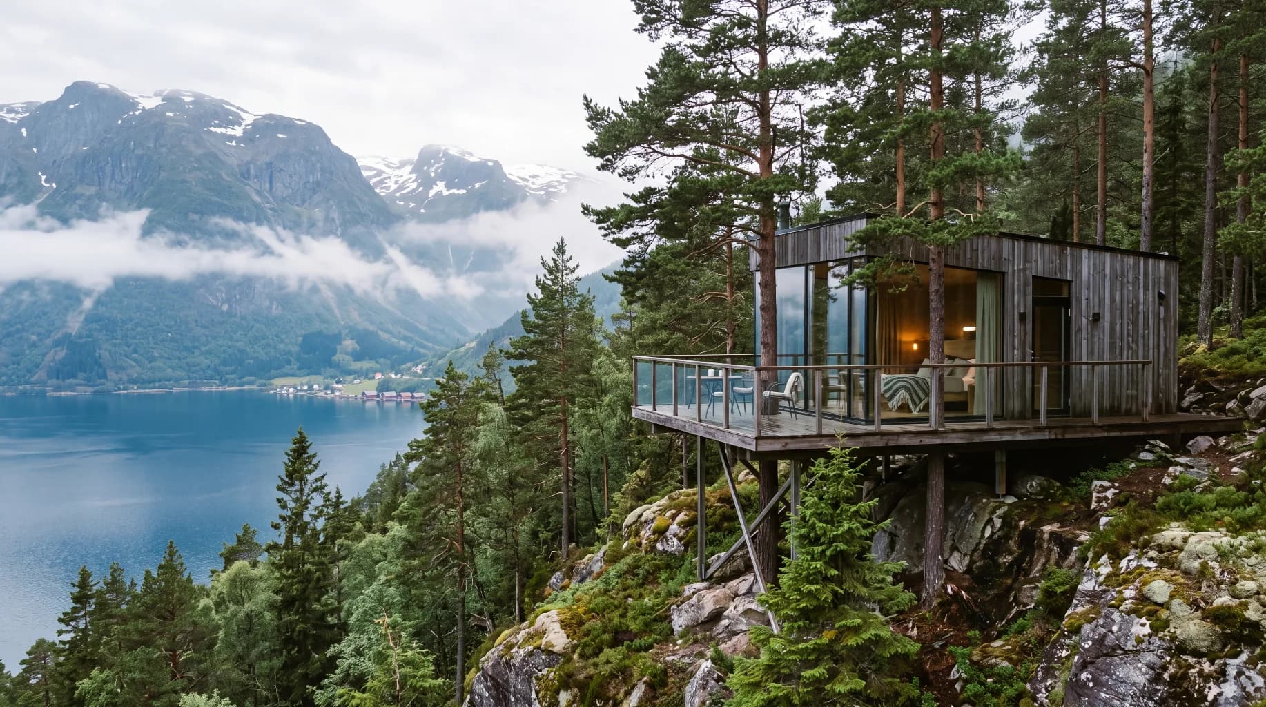 Norsk glamping i tretopphytte ved en fjord på Vestlandet, med utsikt til høye fjell og speilblankt vann i morgentåke