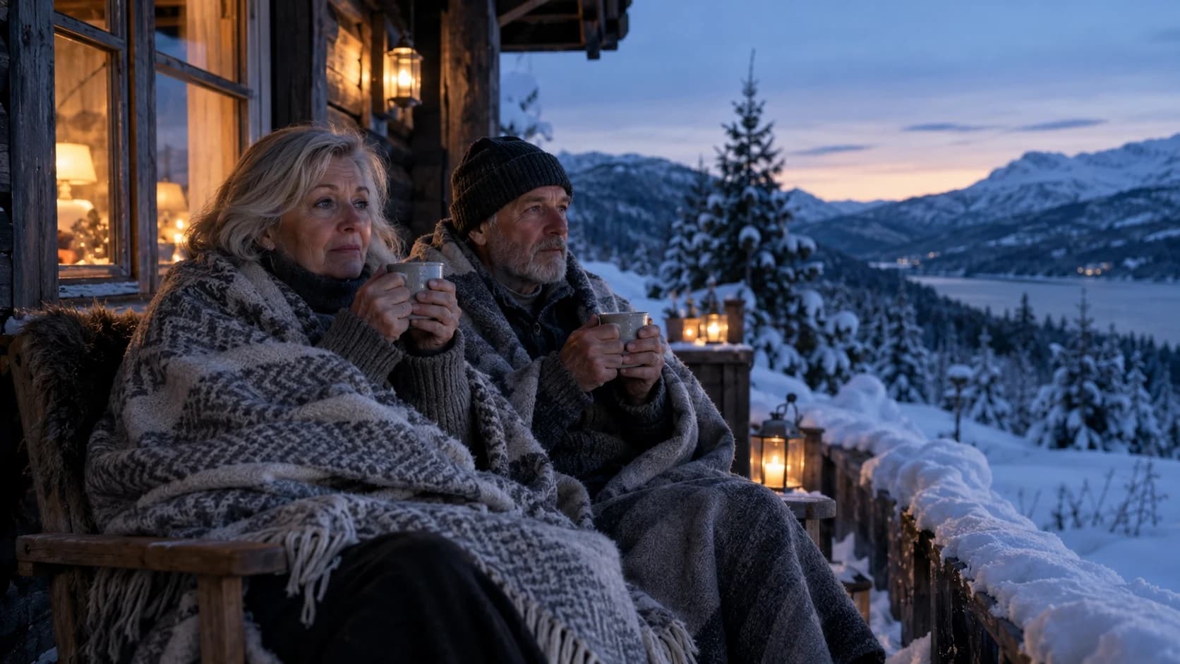 Voksne nordmenn som fryser under tynne pledd på en hyttekoselig terrasse om vinteren, et typisk problem i det kalde nordiske klimaet.