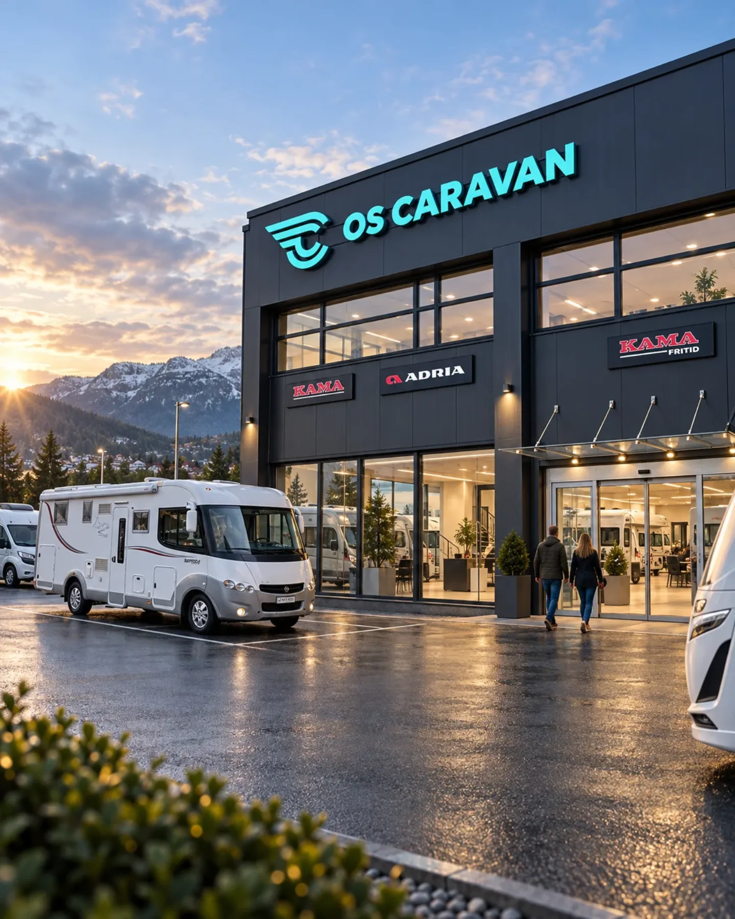 Inngangen til Os Caravan med bobiler foran bygningen