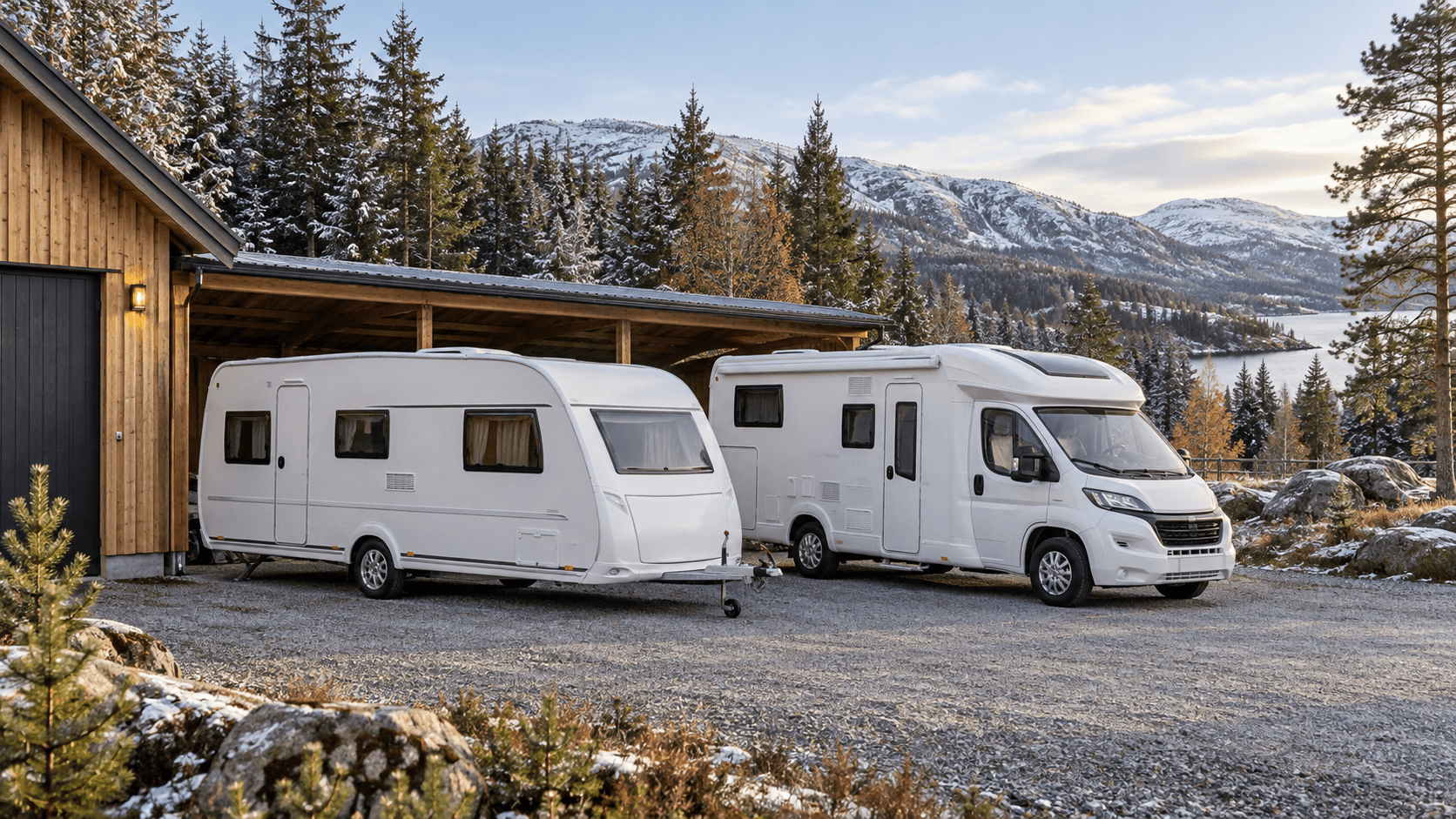 AI-generert illustrasjon av campingvogn og bobil ved et lagerbygg i et nordisk vinterlandskap.