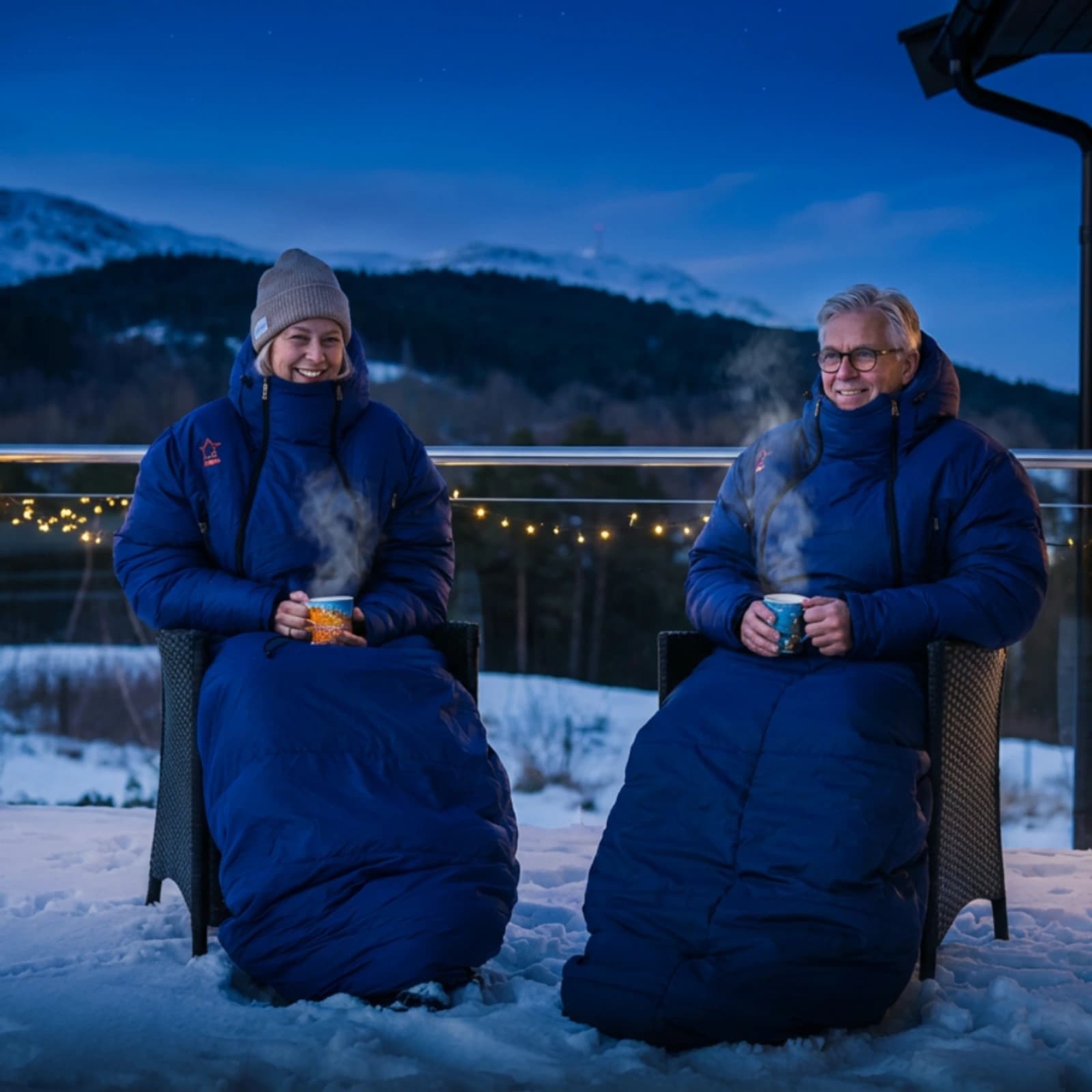 Par nyter kaffe med Utekos Mikrofiber på terrassen vinterstid