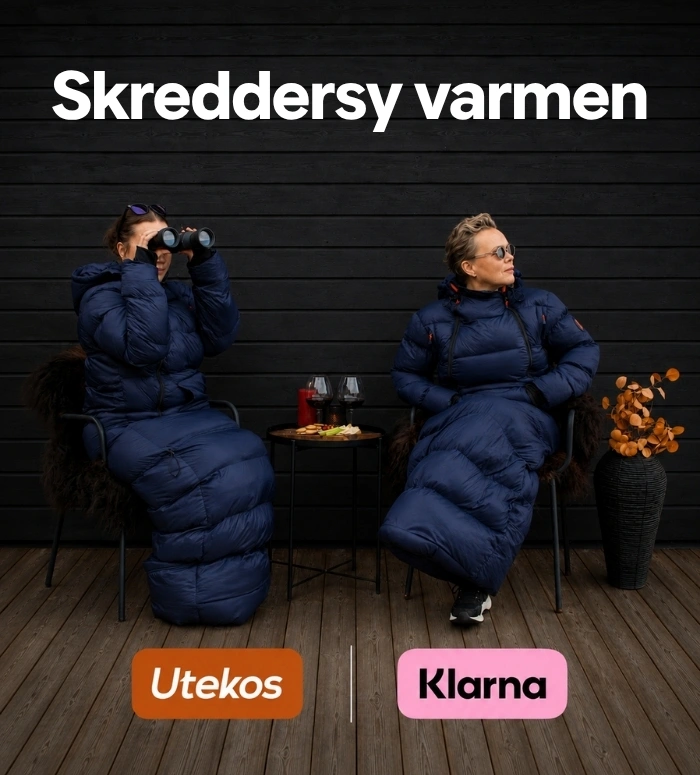 To kvinner i Utekos TechDown sitter på en terassen og nyter ost og vin.