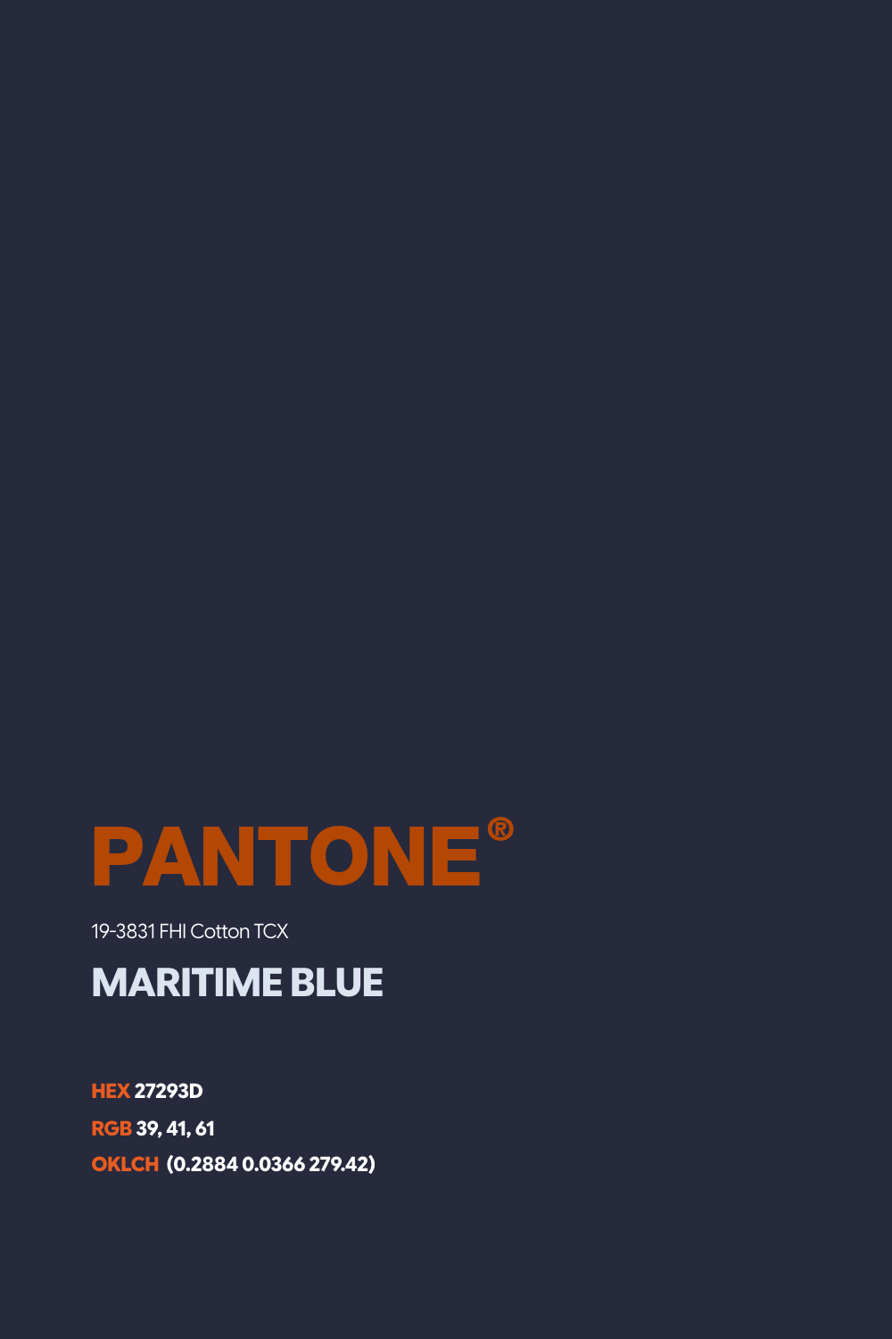 Fargeark: PANTONE 19-3831 FHI Cotton TCX Maritime Blue. HEX 27293D, RGB 39, 41, 61.
