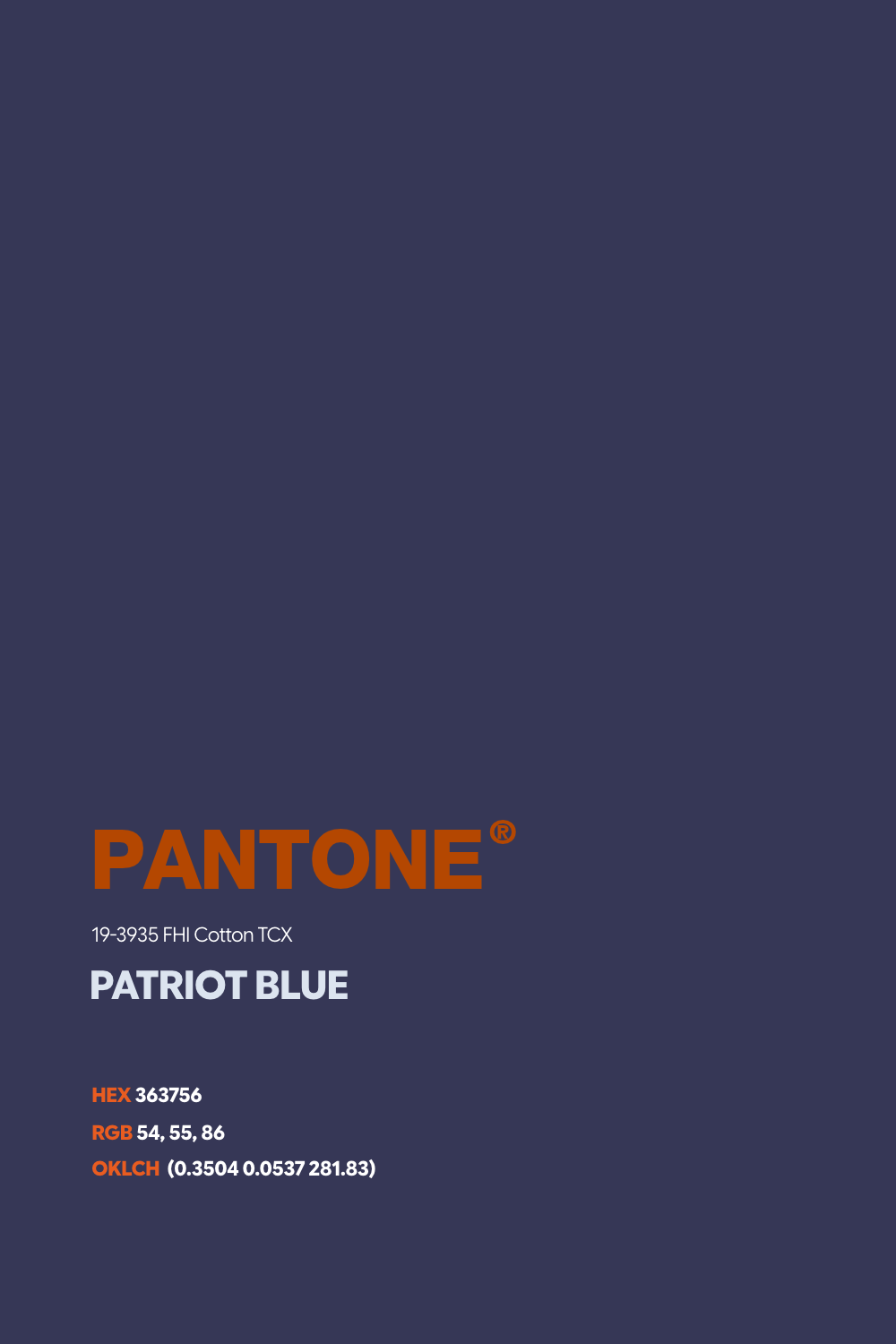 Fargeark: PANTONE 19-3935 FHI Cotton TCX Patriot Blue. HEX 363756, RGB 54, 55, 86.
